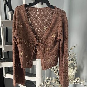 Brown Open-Knit Women's Sweater -sweet embroidered flowers size large